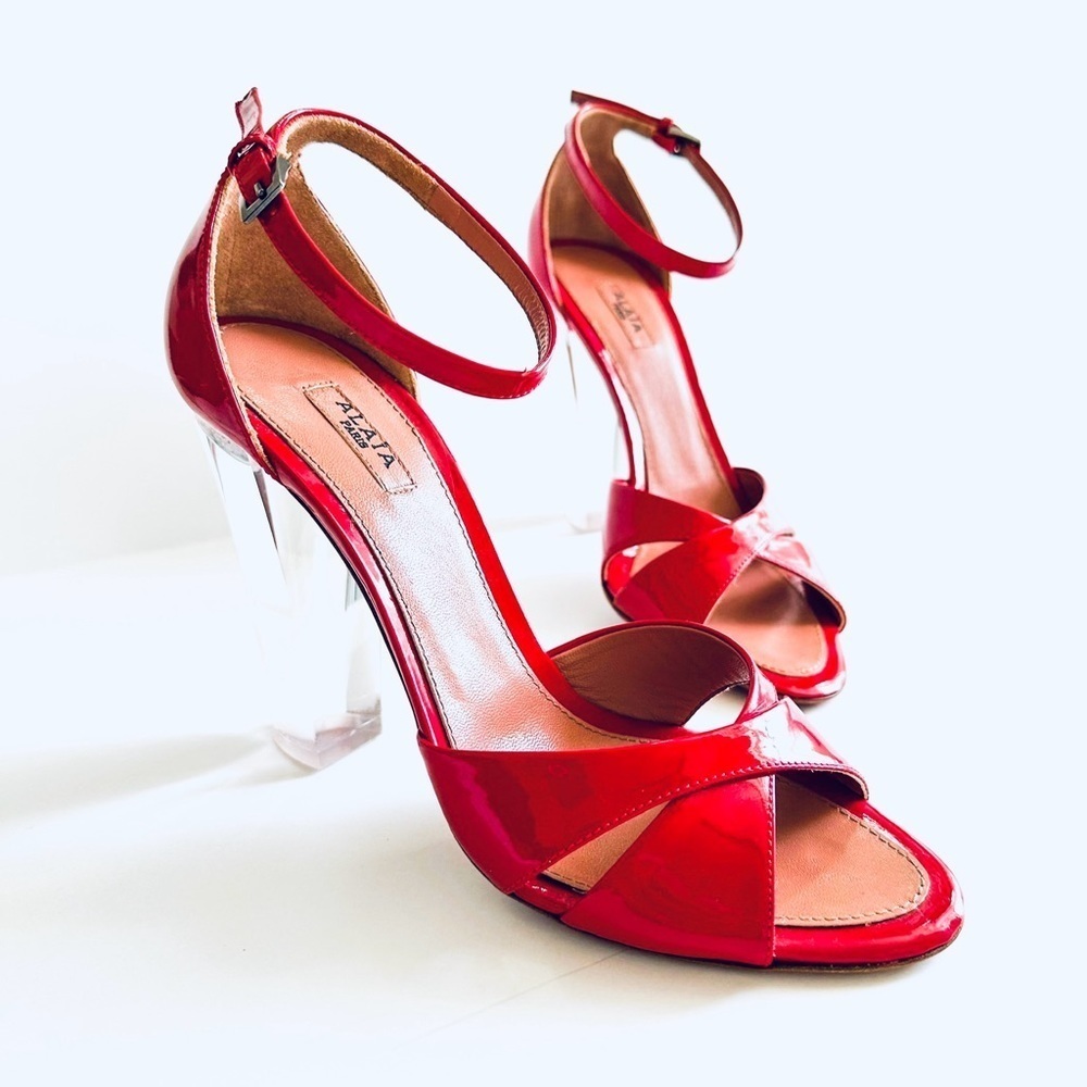 Alaia Red Patent Leather Luxury HTF Sandal w/ Clear-Block Heel Ankle-Strap 37.5